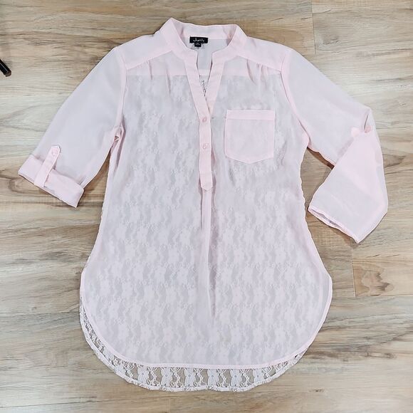 💜Justify Pink Semi-Sheer & Lace Adjustable Sleeve Top Medium - Picture 1 of 10